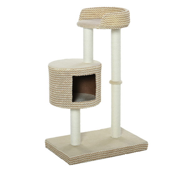 Arbre à chats style cosy chic griffoirs jute naturelle niche plateforme peluche courte bicolore beige café