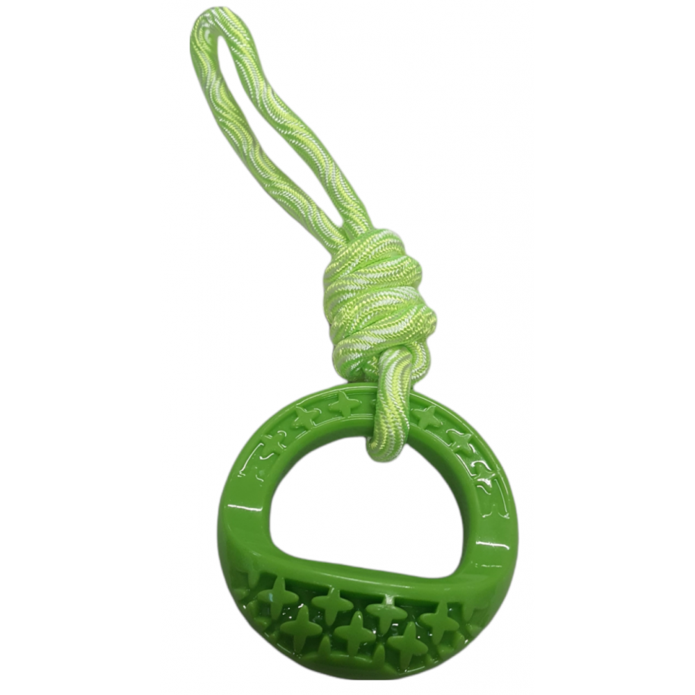 Jouet rond en tpr et corde de couleur vert, samba pour chien
