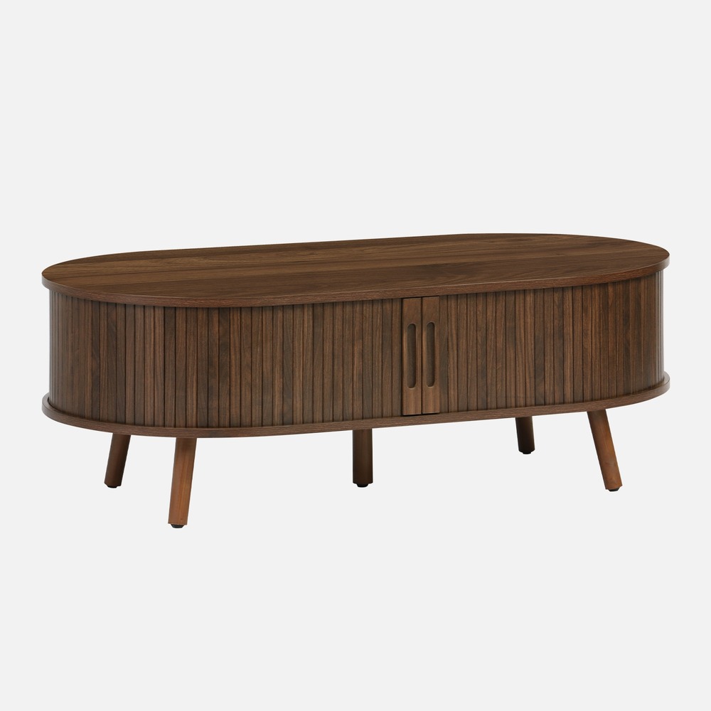 Table basse 2 portes coulissantes avec 3 compartiments décor bois rainuré, l 110 x p 59 x h 39cm