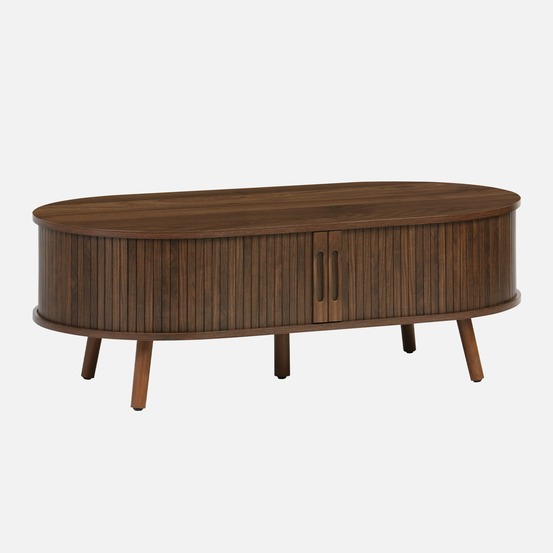 Table basse 2 portes coulissantes avec 3 compartiments décor bois rainuré, l 110 x p 59 x h 39cm