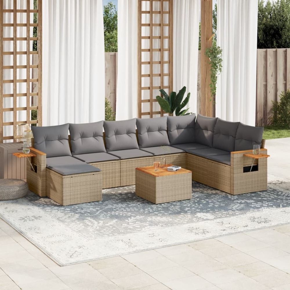 Salon de jardin avec coussins 9 pcs beige résine tressée