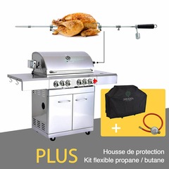 Barbecue gaz inox 4 brûleurs +kit rôtissoire+1 réchaud+housse+ kit flexibile