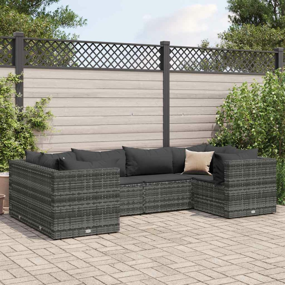 Salon de jardin 6 pcs avec coussins gris résine tressée