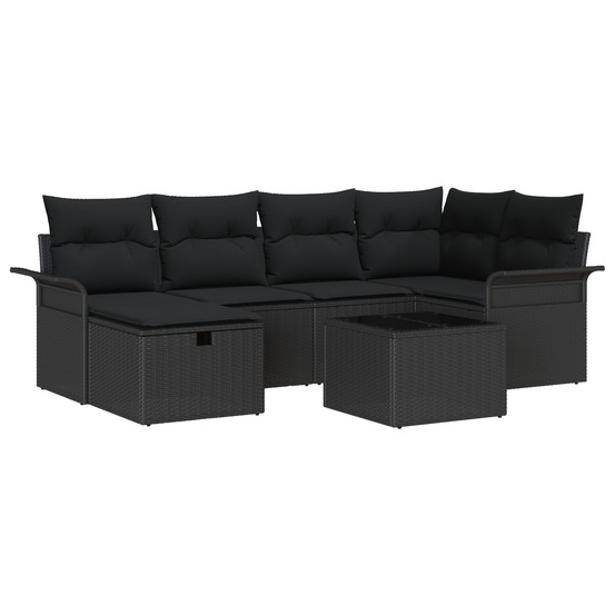 Ensemble de canapé de jardin de 7 pièces avec coussins noir poly rattan