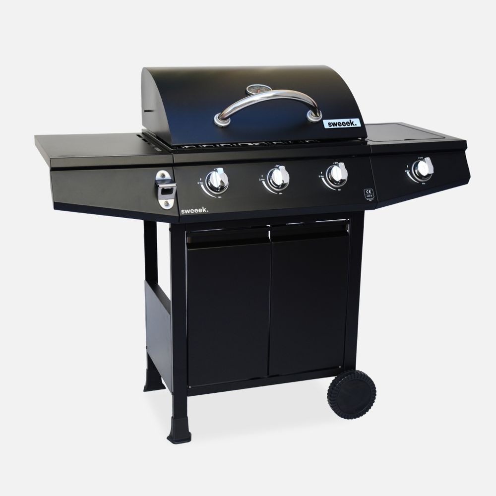 Barbecue gaz 3 brûleurs + 1 feu latéral avec roues, tablettes et thermomètre