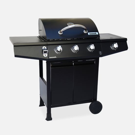 Barbecue gaz 3 brûleurs + 1 feu latéral avec roues, tablettes et thermomètre