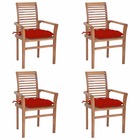 Chaises à dîner 4 pcs avec coussins rouge bois de teck solide