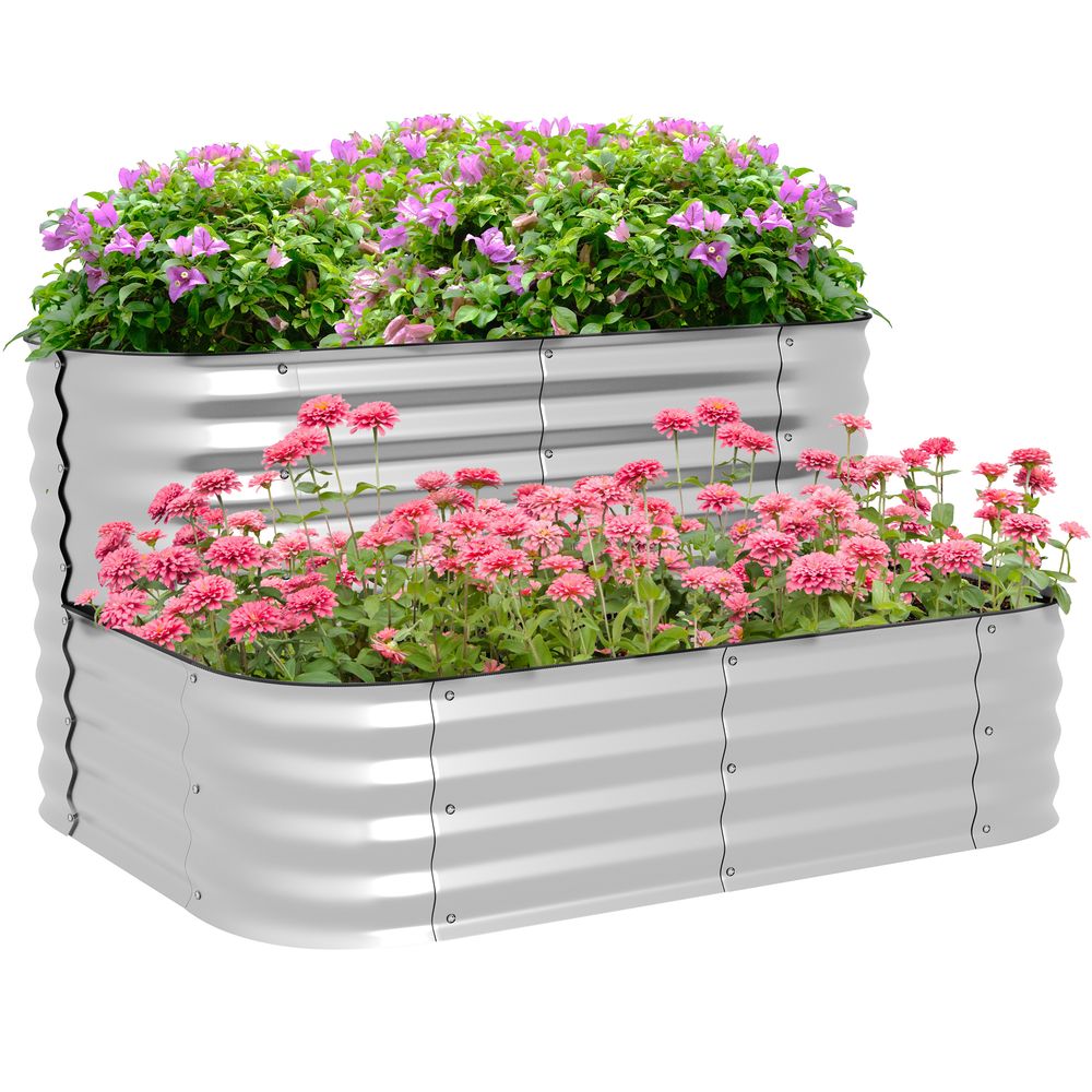 Carré potager acier galvanisé 2 niveaux extérieur fond ouvert 120x90x30cm argent