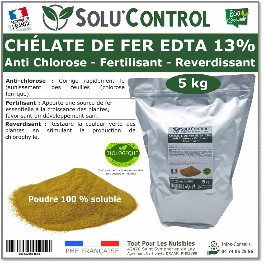 Solu'contrôl chélate de fer edta 13%, anti-chlorose, fertilisant, reverdissant, 5 kg
