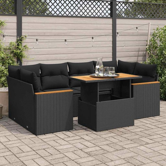 Salon de jardin 6 pcs avec coussins noir résine tressée acacia