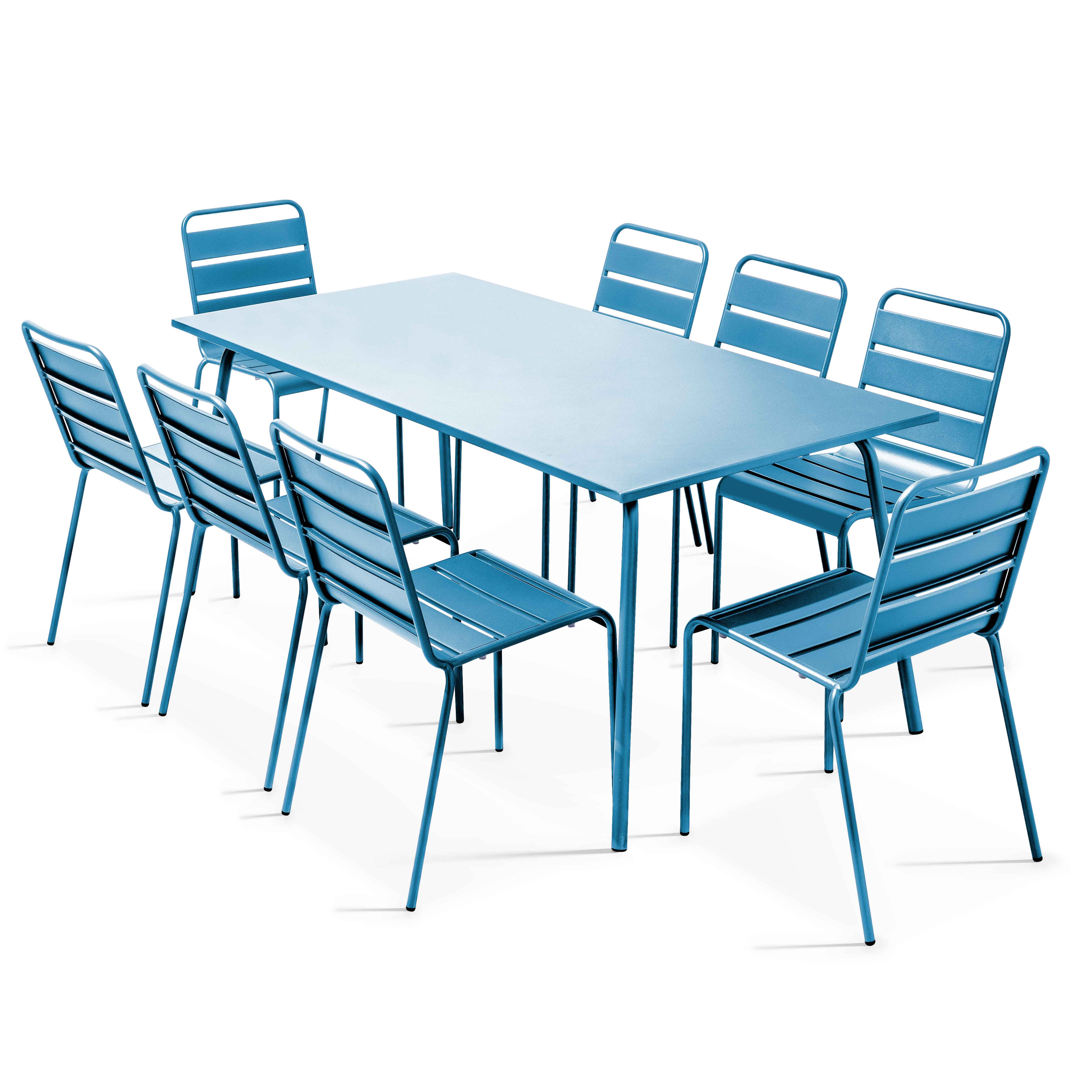 Ensemble table de jardin et 8 chaises en métal bleu pacific
