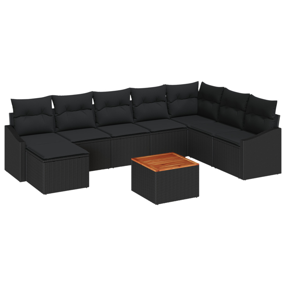 Ensemble de canapé de jardin de 9 pièces avec coussins noir poly rattan acacia