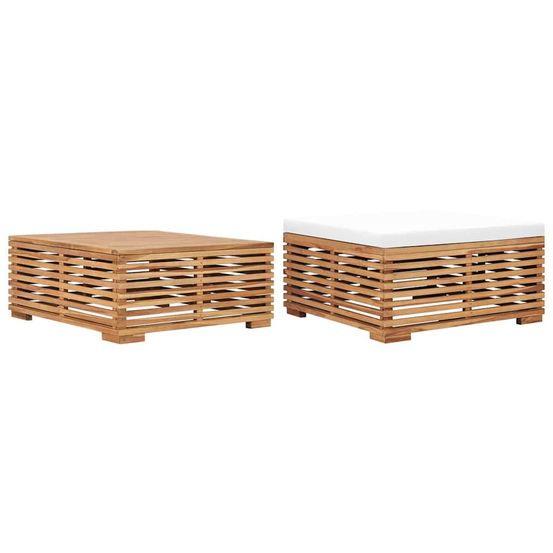 Table et repose-pied de jardin avec coussin crème bois de teck