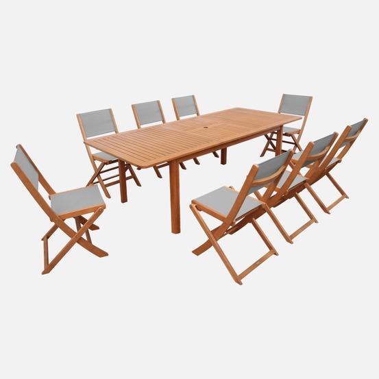 Table de jardin extensible bois d'eucalyptus + 8 assises 180/240cm - arbo + almeria