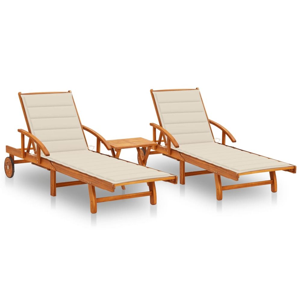 Chaises longues lot de 2 avec table et coussins acacia solide