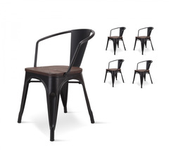 4 chaises en métal noir et bois foncé style industriel factory avec accoudoirs