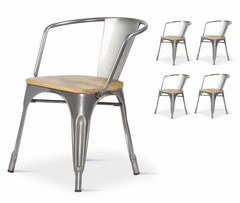 4 chaises en métal brut industriel assise en bois naturel clair avec accoudoirs
