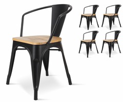 4 chaises métal noir mat style industriel factoryen bois clair avec accoudoirs