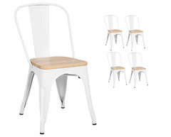 4 chaises blanches en métal et assise bois clair style industriel