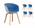 4 chaises scandinaves coque en résine blanche revêtement tissu bleu pieds bois