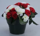 Composition fleurs artificielles cimetière pot oeillets h16,5 cm d22 cm rouge-bl