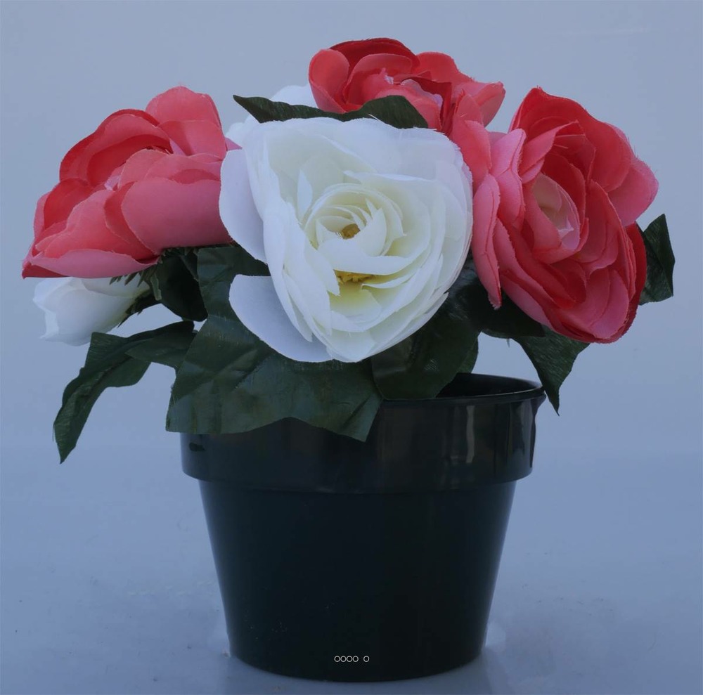 Composition fleurs artificielles cimetière pot renoncules h23 cm d23 cm rose-crè