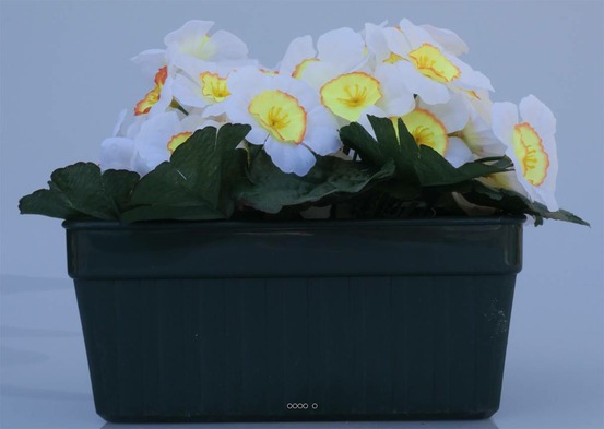 Composition fleurs artificielles cimetière mini jardinière primevères h15 cm l22