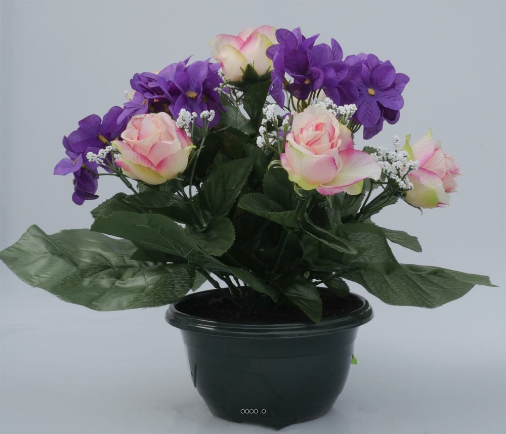 Fleurs artificielles cimetière vasque roses et violettes h31 cm d40 cm pourpre-r