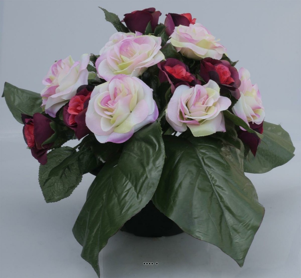 Fleurs artificielles cimetière vasque de roses h28 cm d36 cm pourpre-crème - cou