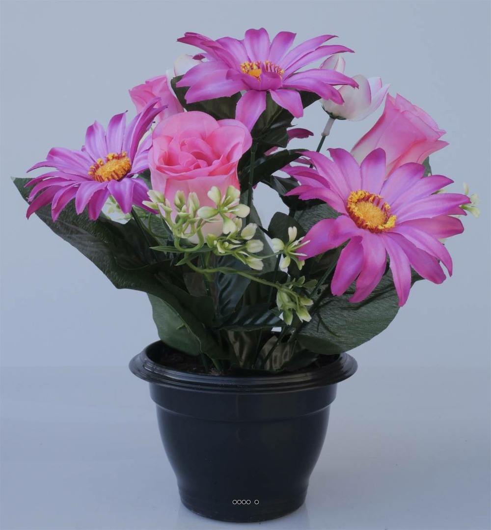 Composition fleurs artificielles cimetière pot roses et gerberas h28 cm d30 cm r
