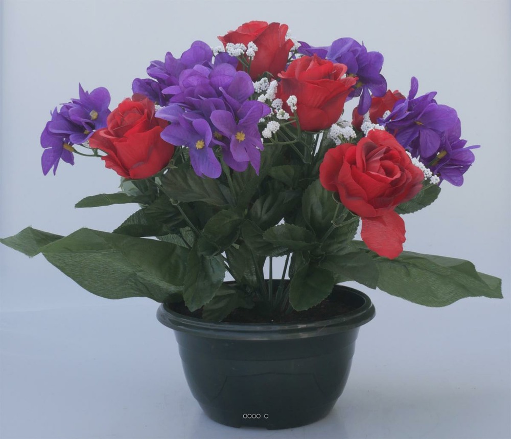 Fleurs artificielles cimetière vasque roses et violettes h31 cm d40 cm rouge - c