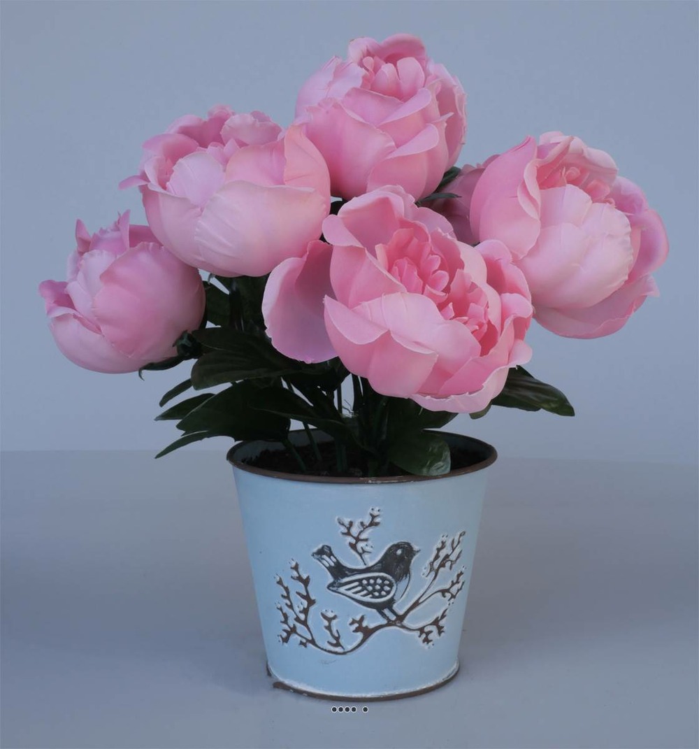 Jolies fleurs artificielles cimetière pivoines en pot déco h30 cm d30 cm rose -