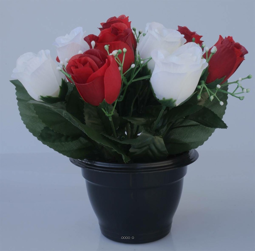 Composition fleurs artificielles cimetière pot roses et gypsophiles h23 cm d31 c