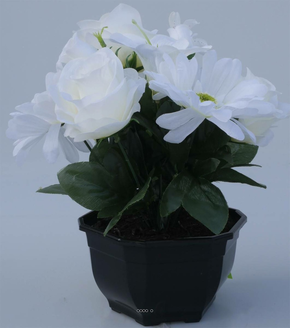 Fleurs artificielles cimetière vasque roses et gerberas h27 cm d31 cm crème - co