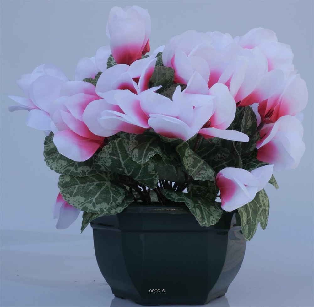 Composition fleurs artificielles cimetière vasque cyclamens h28 cm d33 cm rose-c
