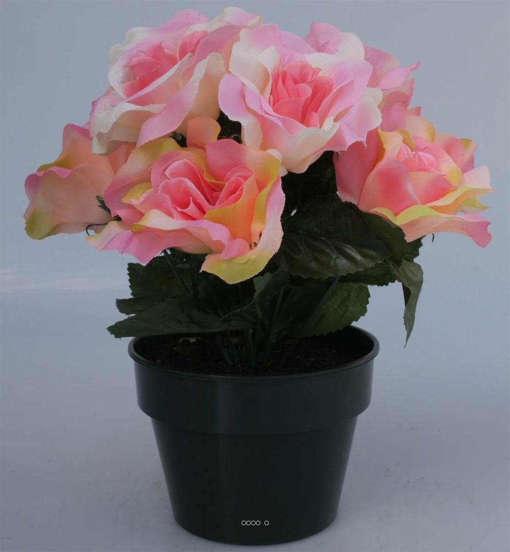 Composition fleurs artificielles cimetière pot roses h25 cm d28 cm rose-crème -