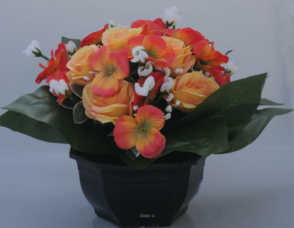 Fleurs artificielles cimetière vasque roses et pensées h27 cm d34 cm orange  - co | Truffaut