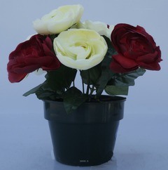Composition fleurs artificielles cimetière pot renoncules h23 cm d23 cm rouge-bl