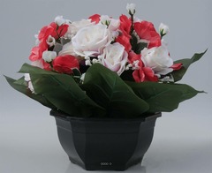 Fleurs artificielles cimetière vasque roses et pensées h27 cm d34 cm rose-crème