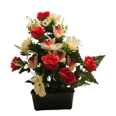 Composition fleurs artificielles cimetière jardinière roses et orchidées h52 cm