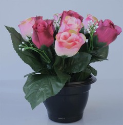 Composition fleurs artificielles cimetière pot roses et gypsophiles h23 cm d31 c