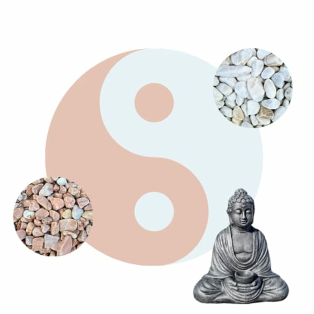 Kit yin-yang galets blanc & corail + statue bouddha + bordures de jardin
