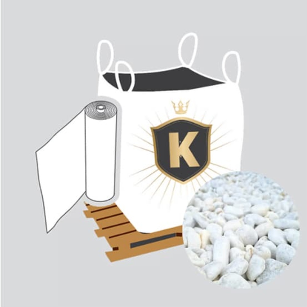 Kit galets blanc + géotextile = 1 big bag galet de marbre blanc 12/25 1. 5t [environ 20m2 sur 5cm d'épaisseur] + 1 géotextile 25m2