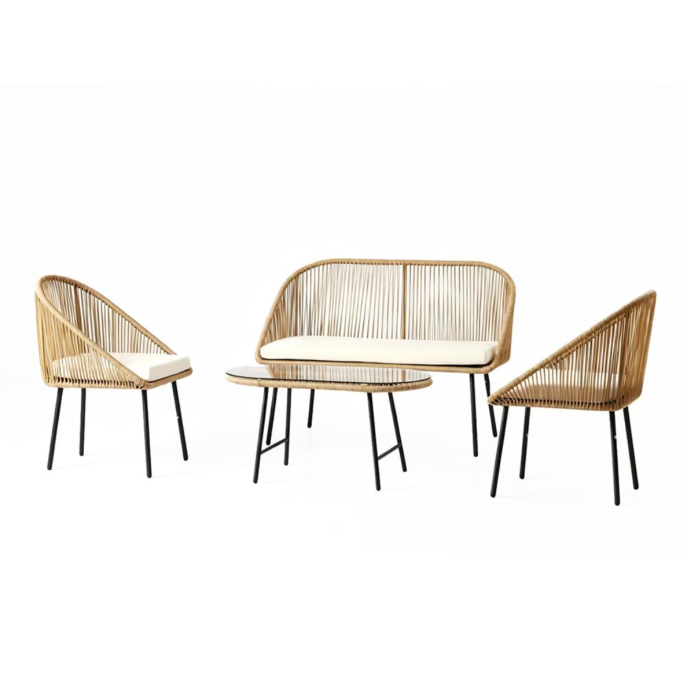 Salon de jardin 4 places avec table basse effet rotin naturel ravello
