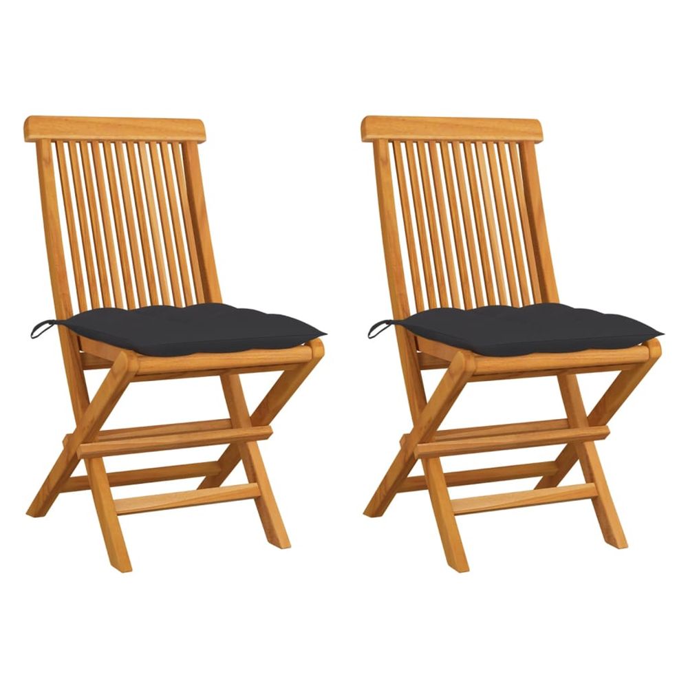 Chaises pliantes avec coussins anthracite, 2 pièces, en teck massif