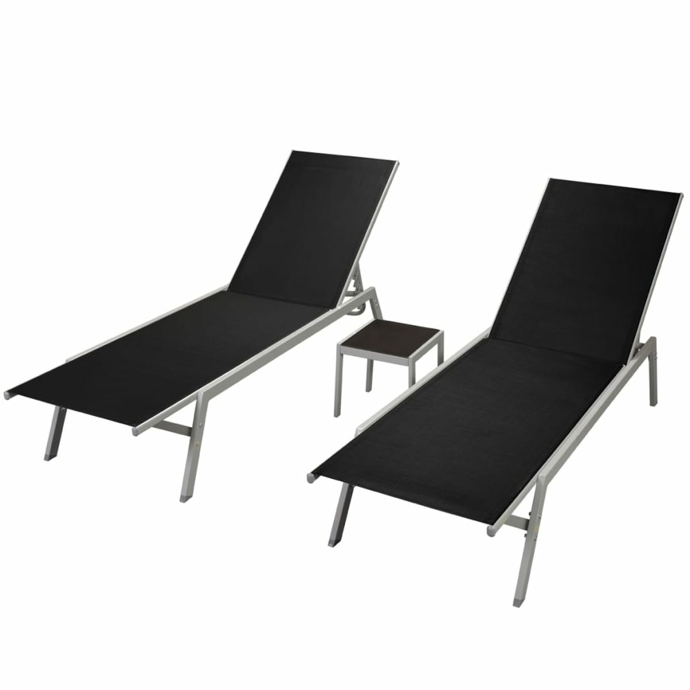 Chaises longues 2 pcs avec table acier et textilène noir