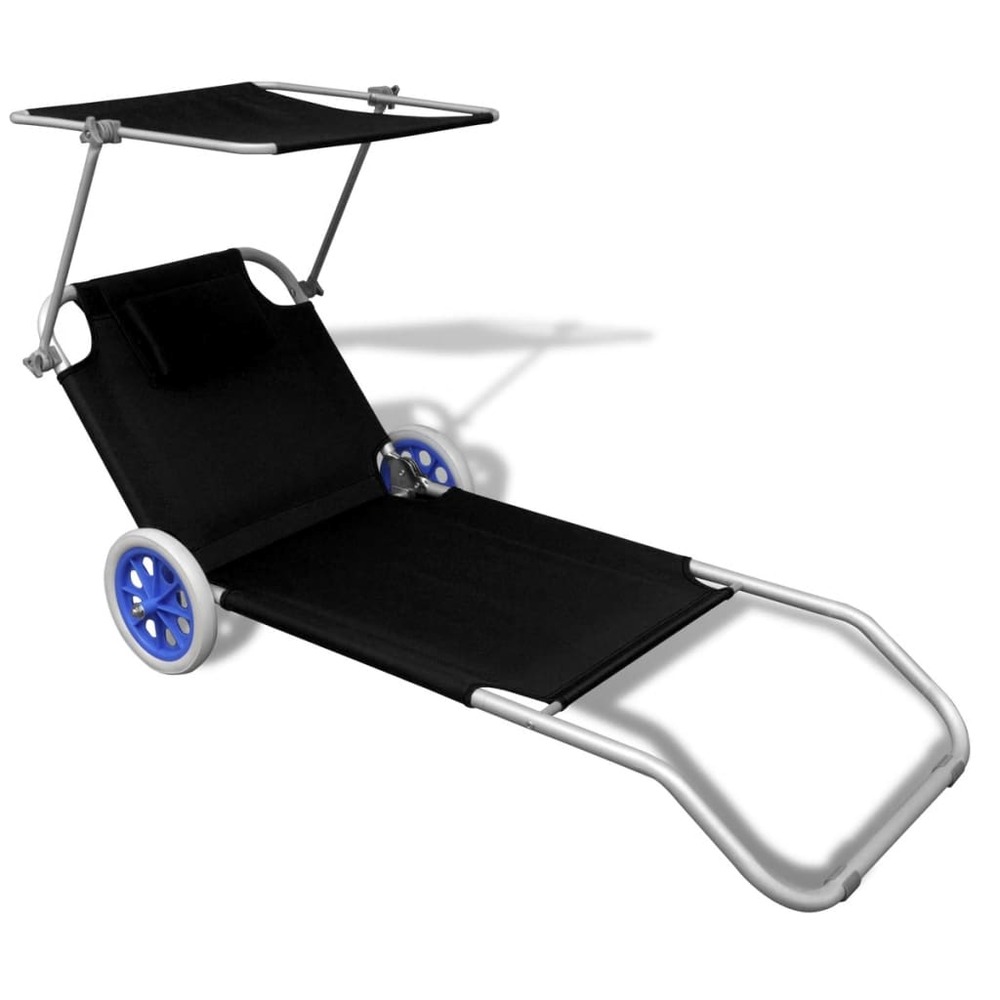 Chaise longue pliable avec auvent et roulettes aluminium noir