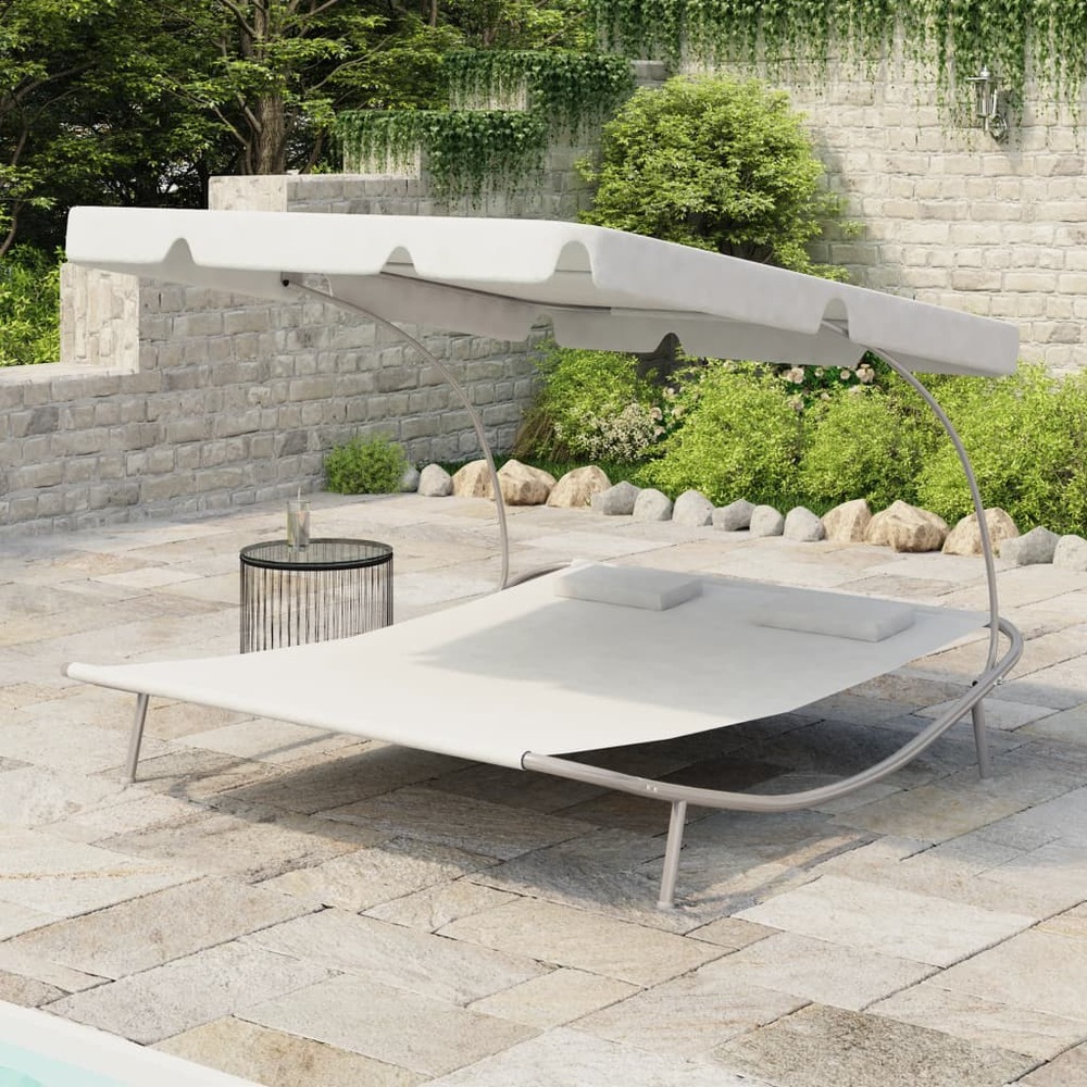 Chaise longue de jardin avec auvent et oreillers blanc crème Truffaut