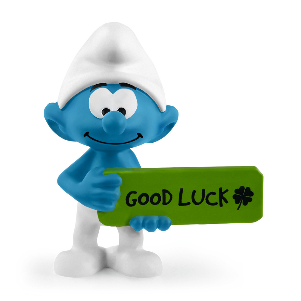Figurine schtroumpf avec panneau good luck