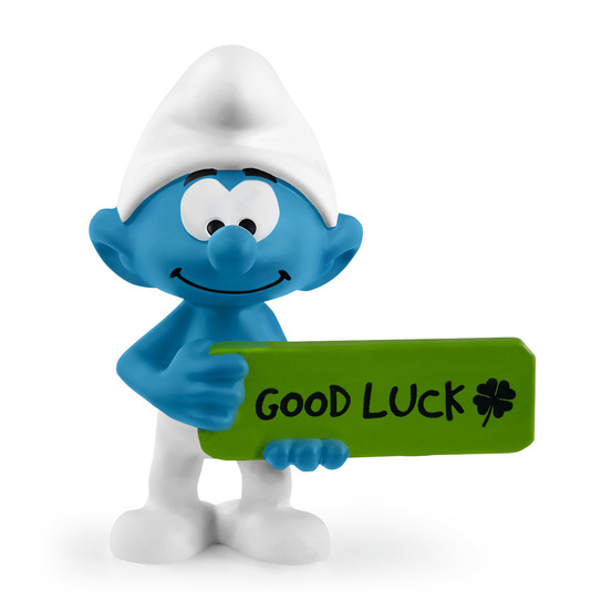 Figurine schtroumpf avec panneau good luck